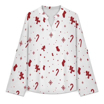 Versatile Notched V-Neck Tunic  Roll Tab 3/4 Sleeve Office Casual Top  Christmas Decorations
