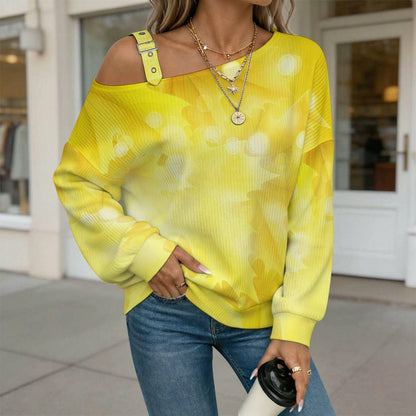 Off-the-shoulder Sweater Yellow Maple Leaf  Asymmetric Cold Shoulder Knit Sweater for Women, Adjustable Buckle Strap Long Sleeve Casual Slouchy Pullover