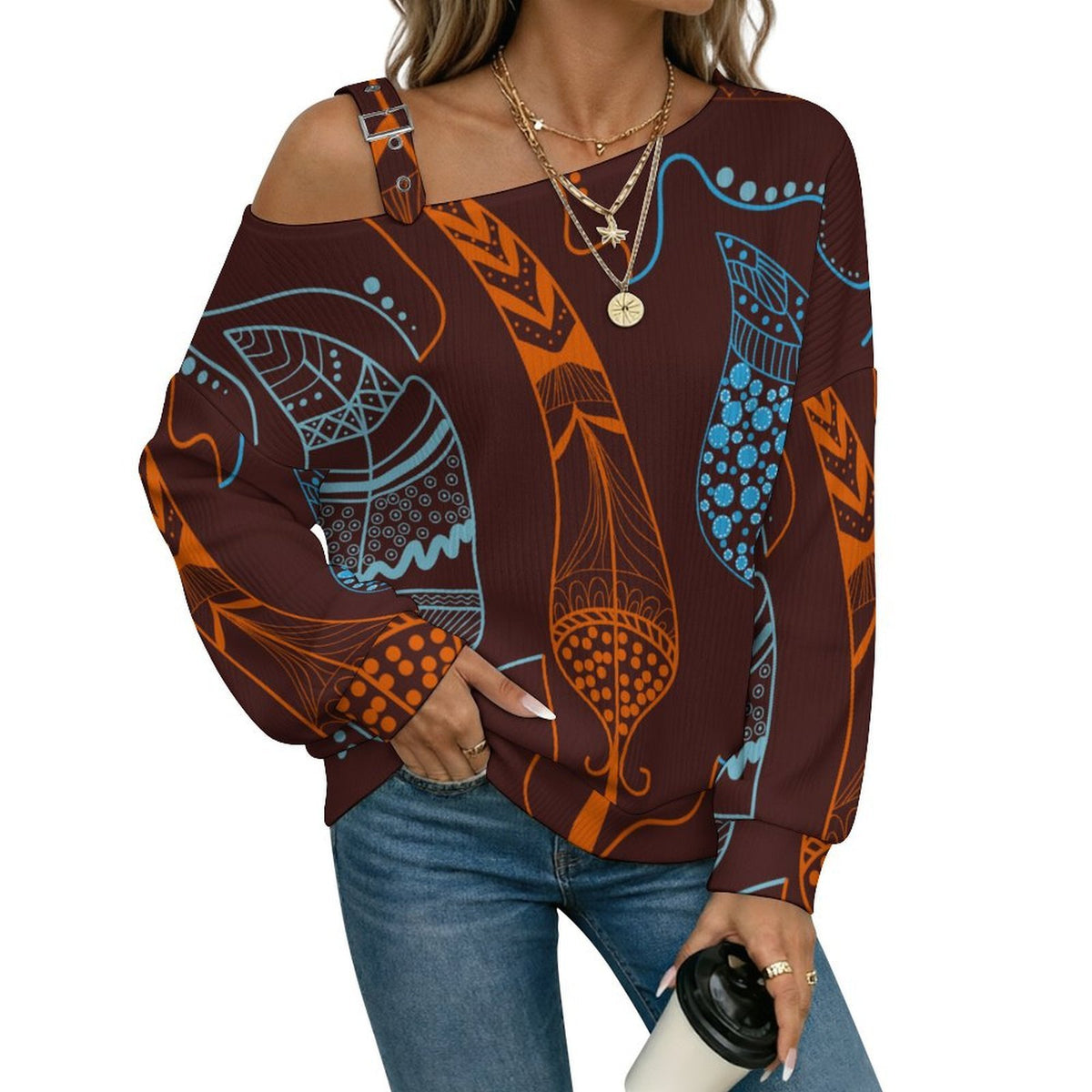 Off-the-shoulder Sweater Wing  Asymmetric Cold Shoulder Knit Sweater for Women, Adjustable Buckle Strap Long Sleeve Casual Slouchy Pullover