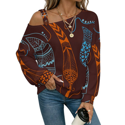 Off-the-shoulder Sweater Wing  Asymmetric Cold Shoulder Knit Sweater for Women, Adjustable Buckle Strap Long Sleeve Casual Slouchy Pullover