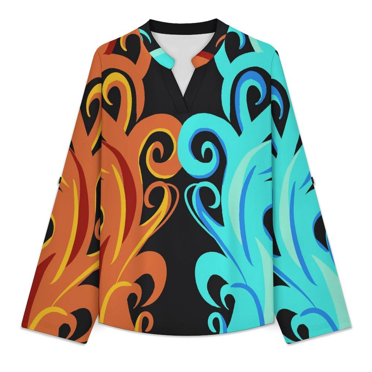 Stand-up Collar Long-sleeved Shirt Flame, Two-color  Customization Women’s V-Neck Blouses,long Sleeve,Roll-Up Sleeve Shirt