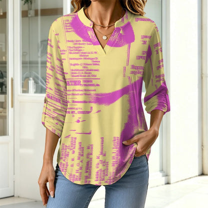 Stand-up Collar Long-sleeved Shirt Newspaper Girl Vintage  Customization Women’s V-Neck Blouses,long Sleeve,Roll-Up Sleeve Shirt