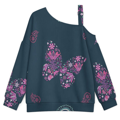 Off-the-shoulder Sweater Paisley Texture Butterfly Repeat Tile Texture  Asymmetric Cold Shoulder Knit Sweater for Women, Adjustable Buckle Strap Long Sleeve Casual Slouchy Pullover