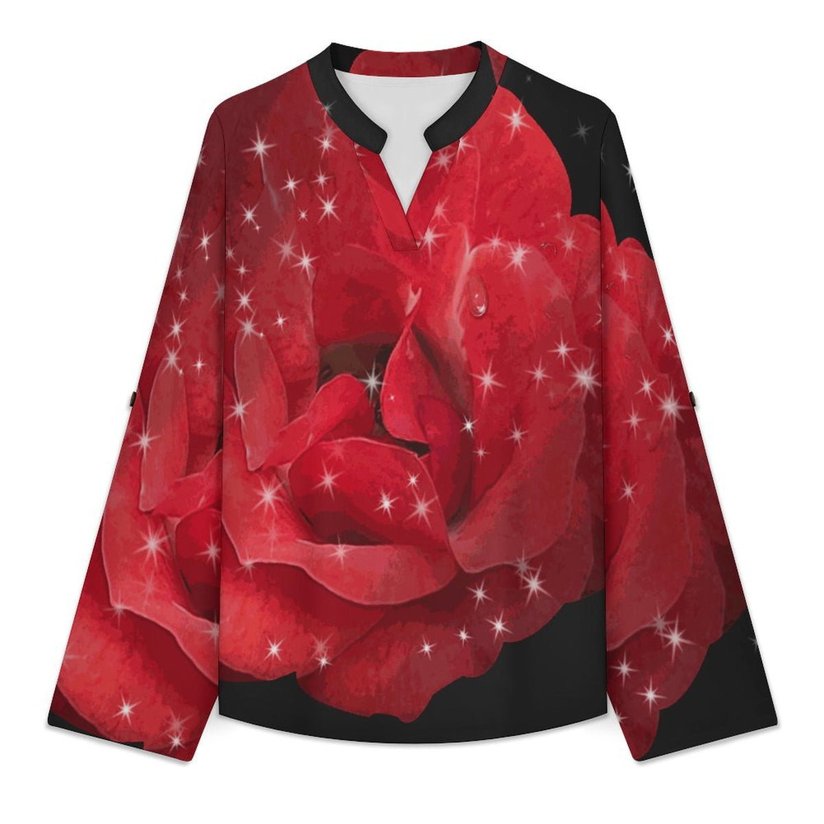 Stand-up Collar Long-sleeved Shirt Red Roses  Customization Women’s V-Neck Blouses,long Sleeve,Roll-Up Sleeve Shirt
