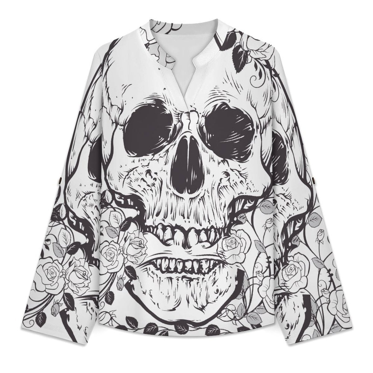 Stand-up Collar Long-sleeved Shirt Skull And Flowers  Customization Women’s V-Neck Blouses,long Sleeve,Roll-Up Sleeve Shirt