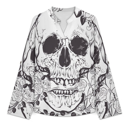 Stand-up Collar Long-sleeved Shirt Skull And Flowers  Customization Women’s V-Neck Blouses,long Sleeve,Roll-Up Sleeve Shirt