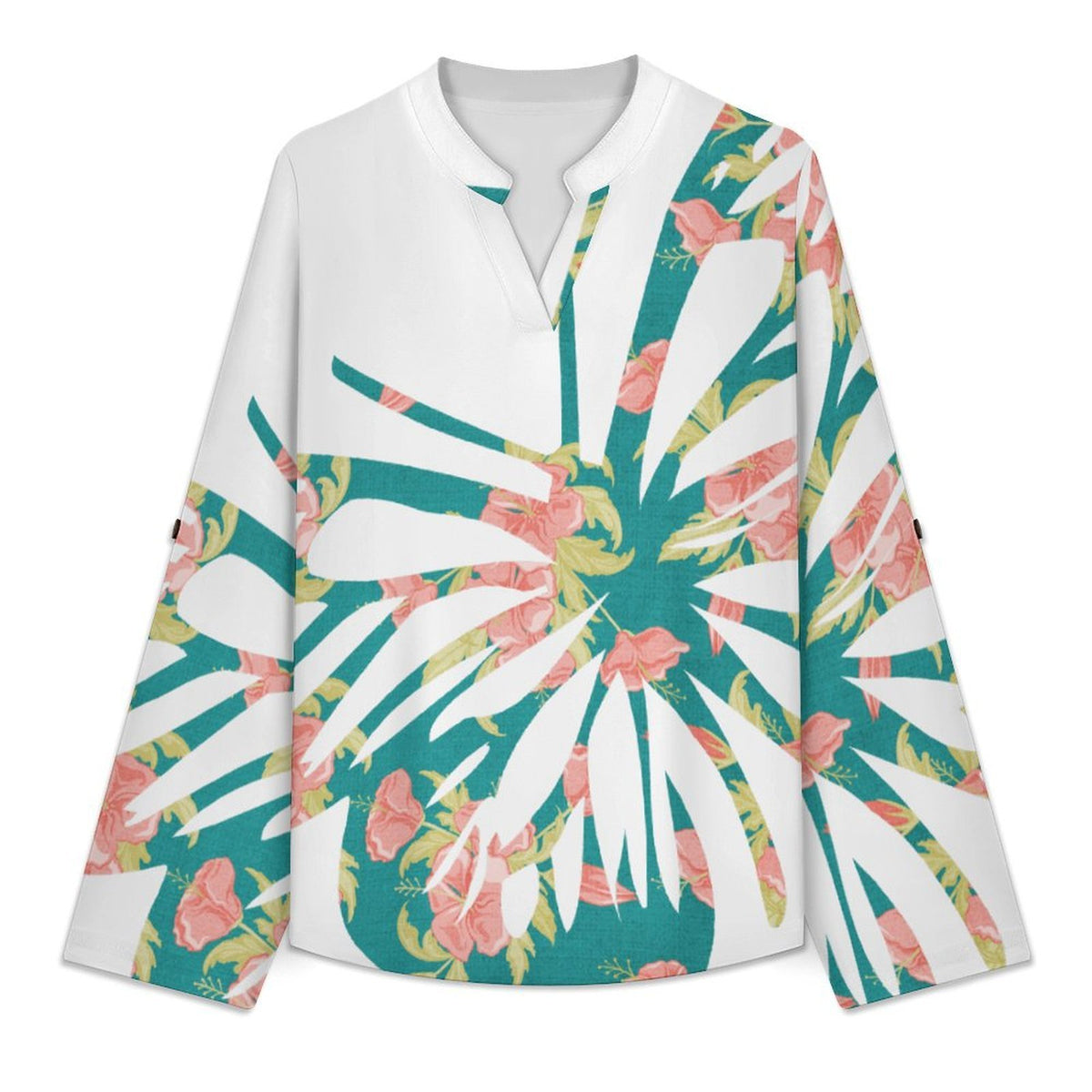 Stand-up Collar Long-sleeved Shirt Blue, Butterfly, Paper Cutting  Customization Women’s V-Neck Blouses,long Sleeve,Roll-Up Sleeve Shirt