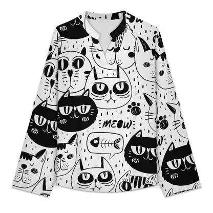 Stand-up Collar Long-sleeved Shirt Simple Strokes, Cat white S Women’s V-Neck Blouses
