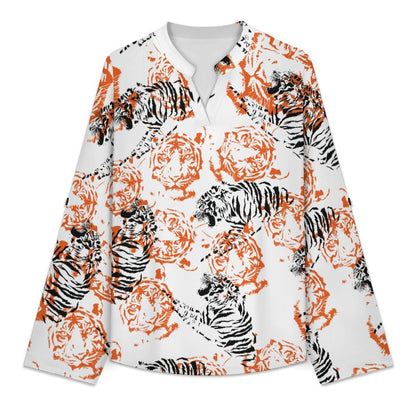 Women's Notched V Neck Tunic Tops, Roll Up 3/4 Sleeve Button Cuff Casual Blouse, Hem Loose Work Shirts  Tiger Pattern, Repeating Pattern