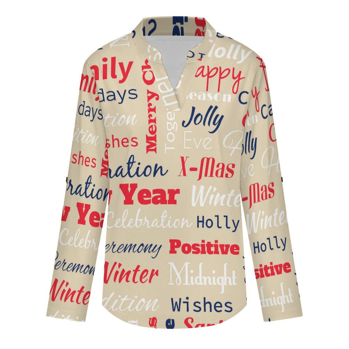 Retro Design, Newspaper Roll Tab 3/4 Sleeve Notched V Neck Tunic Blouse