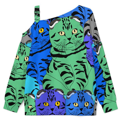 Off-the-shoulder SweaterColorful Cat, Stacked Pattern Women’s Off-Shoulder Knit Sweater