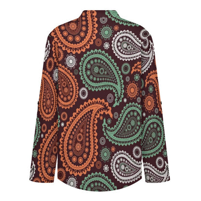 Paisley  Women Curved Hem V Neck Roll Sleeve Casual Work Top
