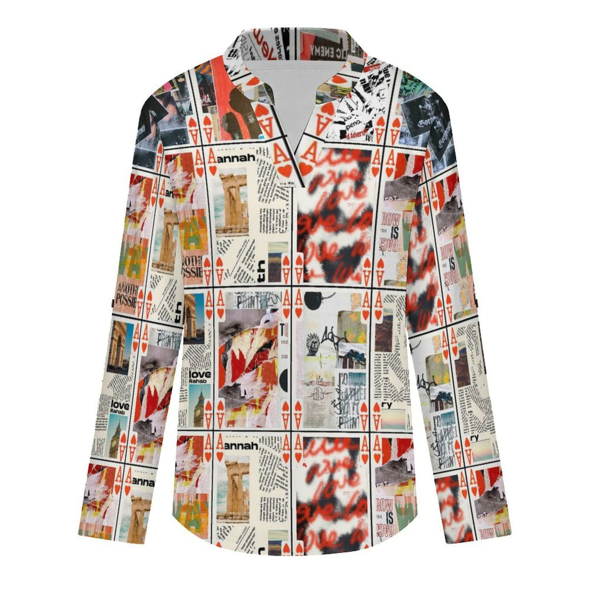 Poker Graffiti Roll Tab 3/4 Sleeve Notched V Neck Tunic Blouse