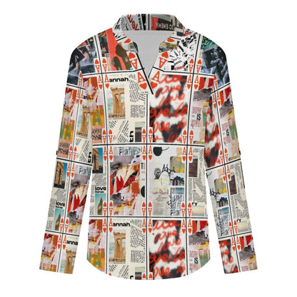 Poker Graffiti Roll Tab 3/4 Sleeve Notched V Neck Tunic Blouse