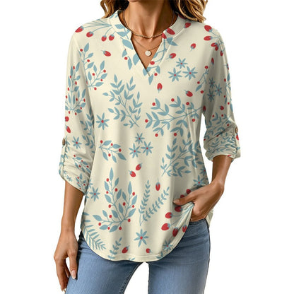 Women's Notched V Neck Tunic Tops, Roll Up 3/4 Sleeve Button Cuff Casual Blouse, Hem Loose Work Shirts  Repeat - Tile - Leaf - Fruit - Green - Red - Light Yellow