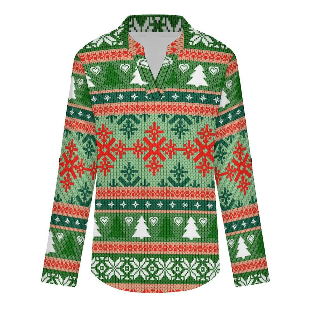Christmas Texture  Versatile Notched V-Neck Tunic | Roll Tab 3/4 Sleeve Office Casual Top