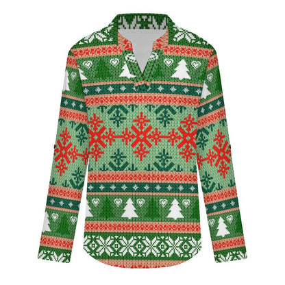 Christmas Texture  Versatile Notched V-Neck Tunic | Roll Tab 3/4 Sleeve Office Casual Top