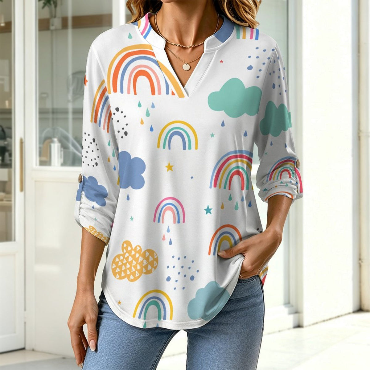 Cartoon, Rainbow, Children  Versatile Notched V-Neck Tunic | Roll Tab 3/4 Sleeve Office Casual Top