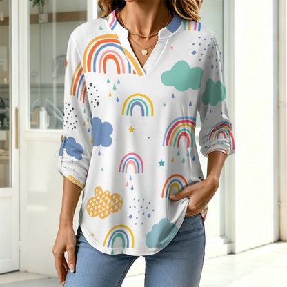 Cartoon, Rainbow, Children  Versatile Notched V-Neck Tunic | Roll Tab 3/4 Sleeve Office Casual Top