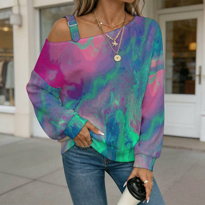 Fluid Pattern Buckle Strap Asymmetrical Off Shoulder Knit Sweater