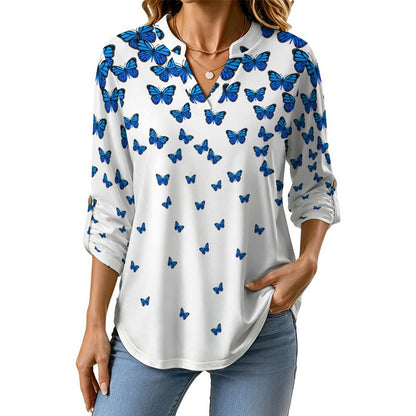 Butterflies, Women's Clothing Roll Tab 3/4 Sleeve Notched V Neck Tunic Blouse