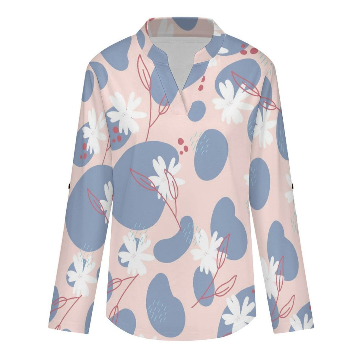 Women Curved Hem V Neck Roll Sleeve Casual Work Top  Floral, Repeating Pattern