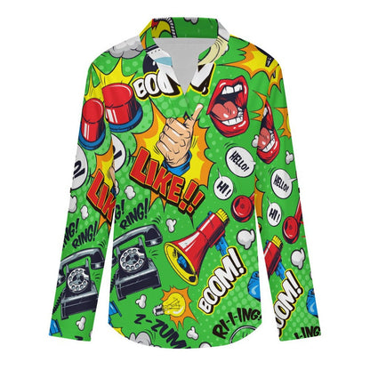 Women Curved Hem V Neck Roll Sleeve Casual Work Top  Green, Pop, Animation, Pattern