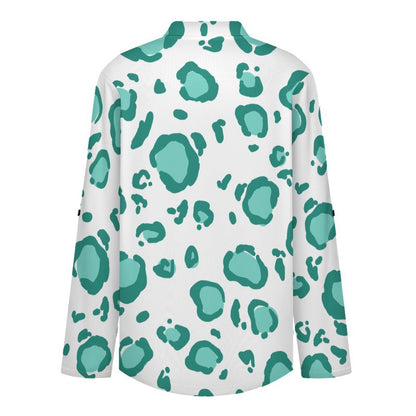 Women's Notched V Neck Tunic Tops, Roll Up 3/4 Sleeve Button Cuff Casual Blouse, Hem Loose Work Shirts  Green Leopard Print