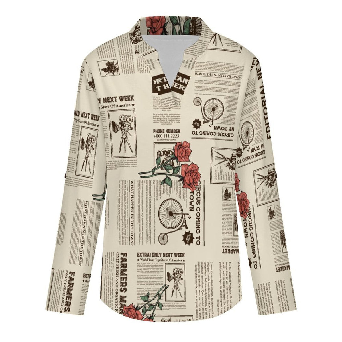 Versatile Notched V-Neck Tunic  Roll Tab 3/4 Sleeve Office Casual Top  Yellow Newspaper  Red Rose