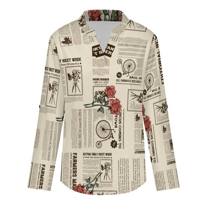 Versatile Notched V-Neck Tunic  Roll Tab 3/4 Sleeve Office Casual Top  Yellow Newspaper  Red Rose