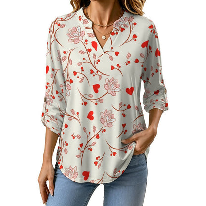 White Background Love Flowers  Versatile Notched V-Neck Tunic | Roll Tab 3/4 Sleeve Office Casual Top
