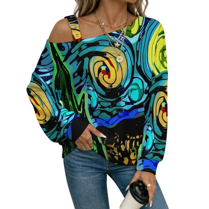 Fall Casual Asymmetric Shoulder Knit Top with Buckle Detail Abstract Painting, Witness