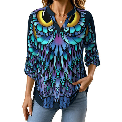 Stand-up Collar Long-sleeved Shirt Owl, Animal white SWomen’s V-Neck Blouses