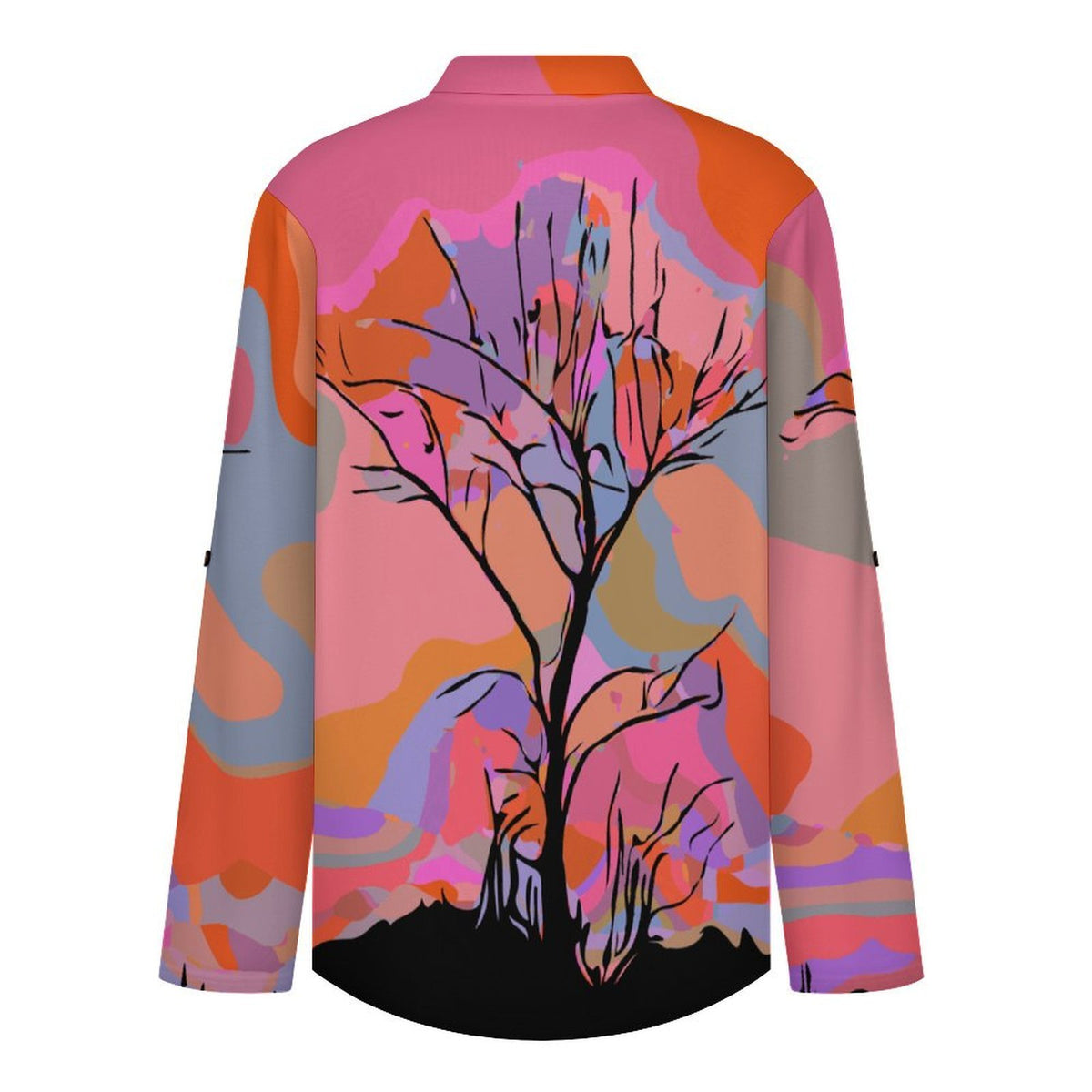 Women's Notched V Neck Tunic Tops, Roll Up 3/4 Sleeve Button Cuff Casual Blouse, Hem Loose Work Shirts Dusk, Trees, Nature