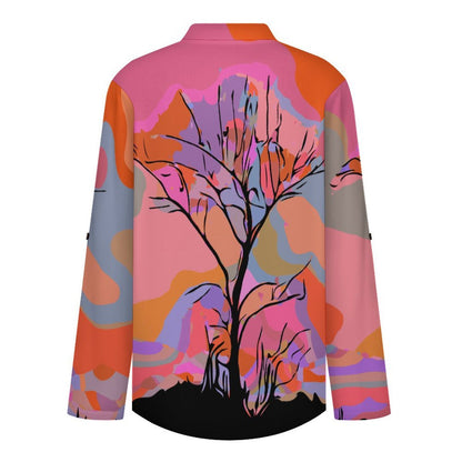Women's Notched V Neck Tunic Tops, Roll Up 3/4 Sleeve Button Cuff Casual Blouse, Hem Loose Work Shirts Dusk, Trees, Nature