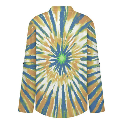Women's Notched V Neck Tunic Tops, Roll Up 3/4 Sleeve Button Cuff Casual Blouse, Hem Loose Work Shirts  Tie-dye Radiation  Blue Yellow