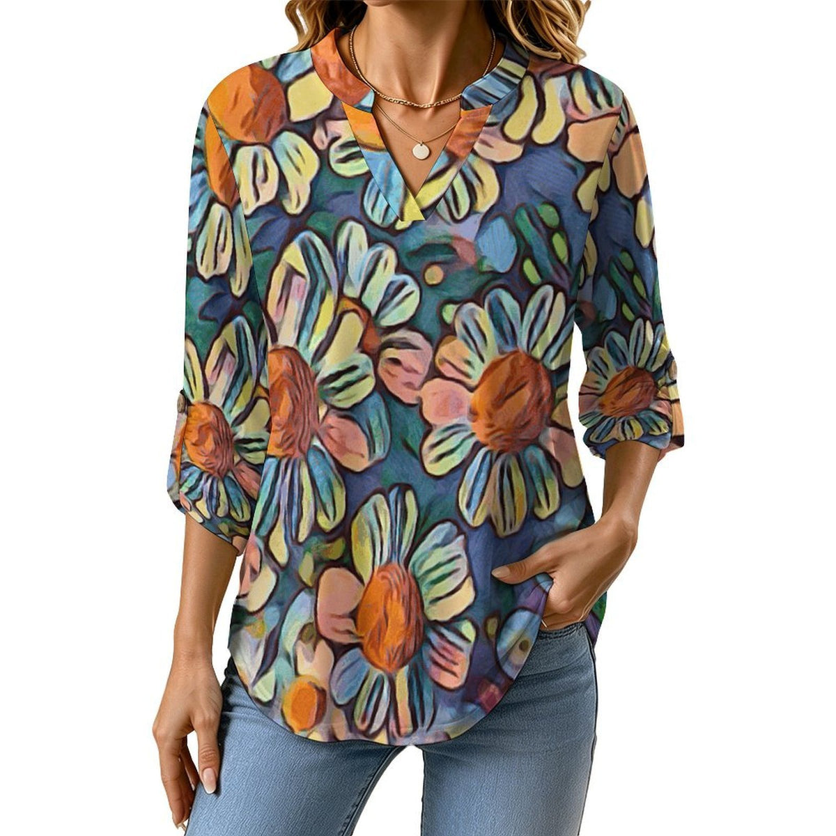 Roll Tab 3/4 Sleeve Notched V Neck Tunic Blouse  Oil Painting, Flowers, Sunflowers