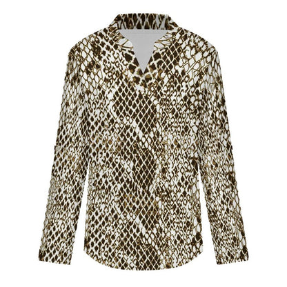Snake Skin  Versatile Notched V-Neck Tunic | Roll Tab 3/4 Sleeve Office Casual Top
