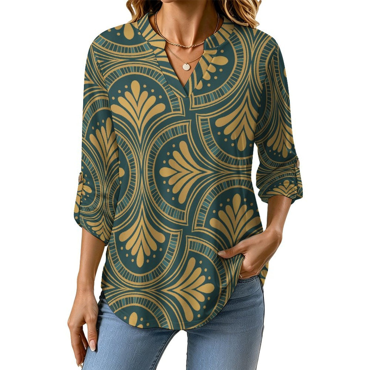 Retro Pattern Roll Tab 3/4 Sleeve Notched V Neck Tunic Blouse