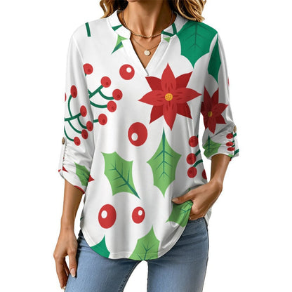 Women's Notched V Neck Tunic Tops, Roll Up 3/4 Sleeve Button Cuff Casual Blouse, Hem Loose Work Shirts  Christmas Repeat Pattern Red And Green