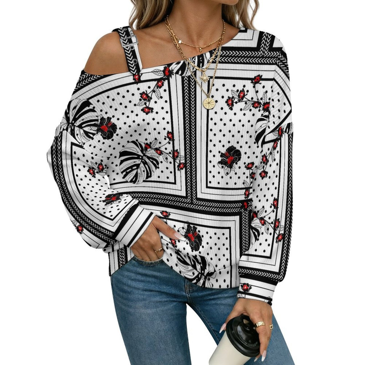 Fall Casual Asymmetric Shoulder Knit Top with Buckle Detail European Retro Pattern