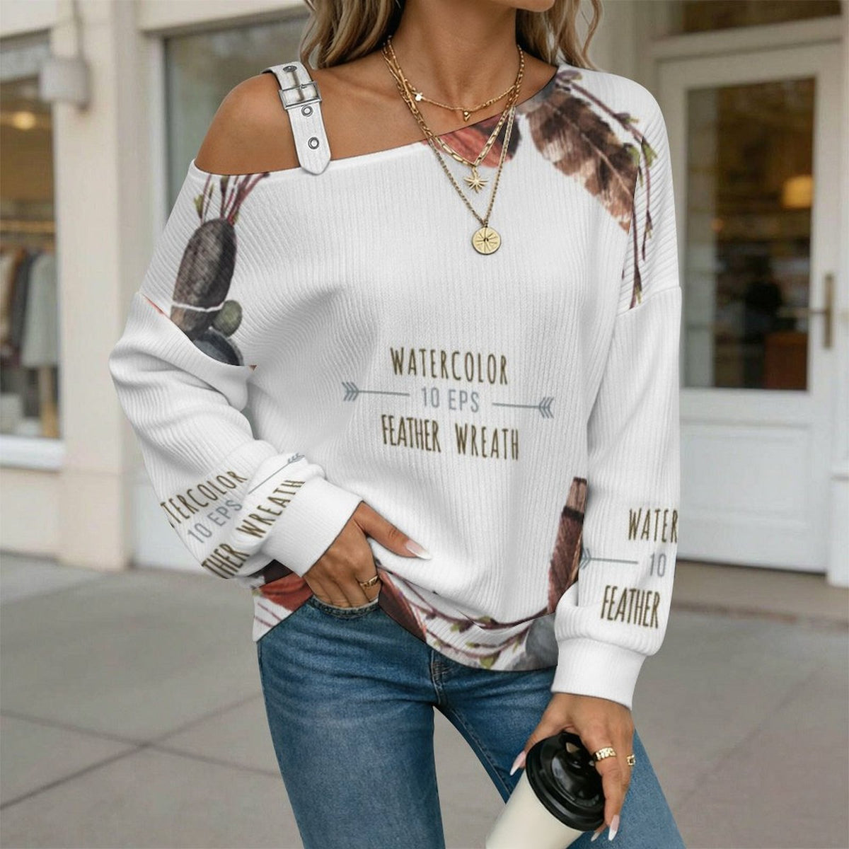 Feathers Fall Casual Asymmetric Shoulder Knit Top with Buckle Detail