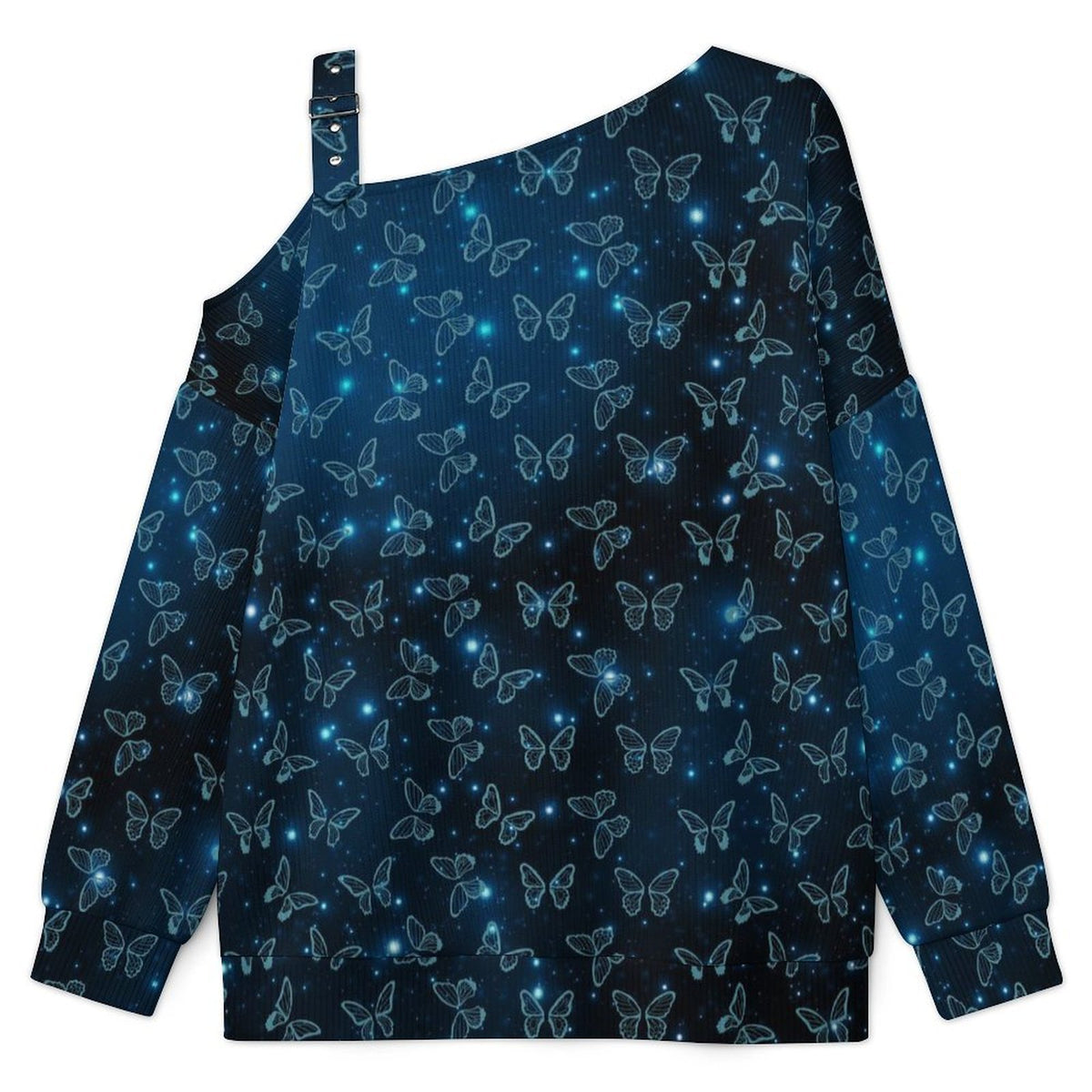 Fall Casual Asymmetric Shoulder Knit Top with Buckle Detail Butterfly Under Blue Starlight
