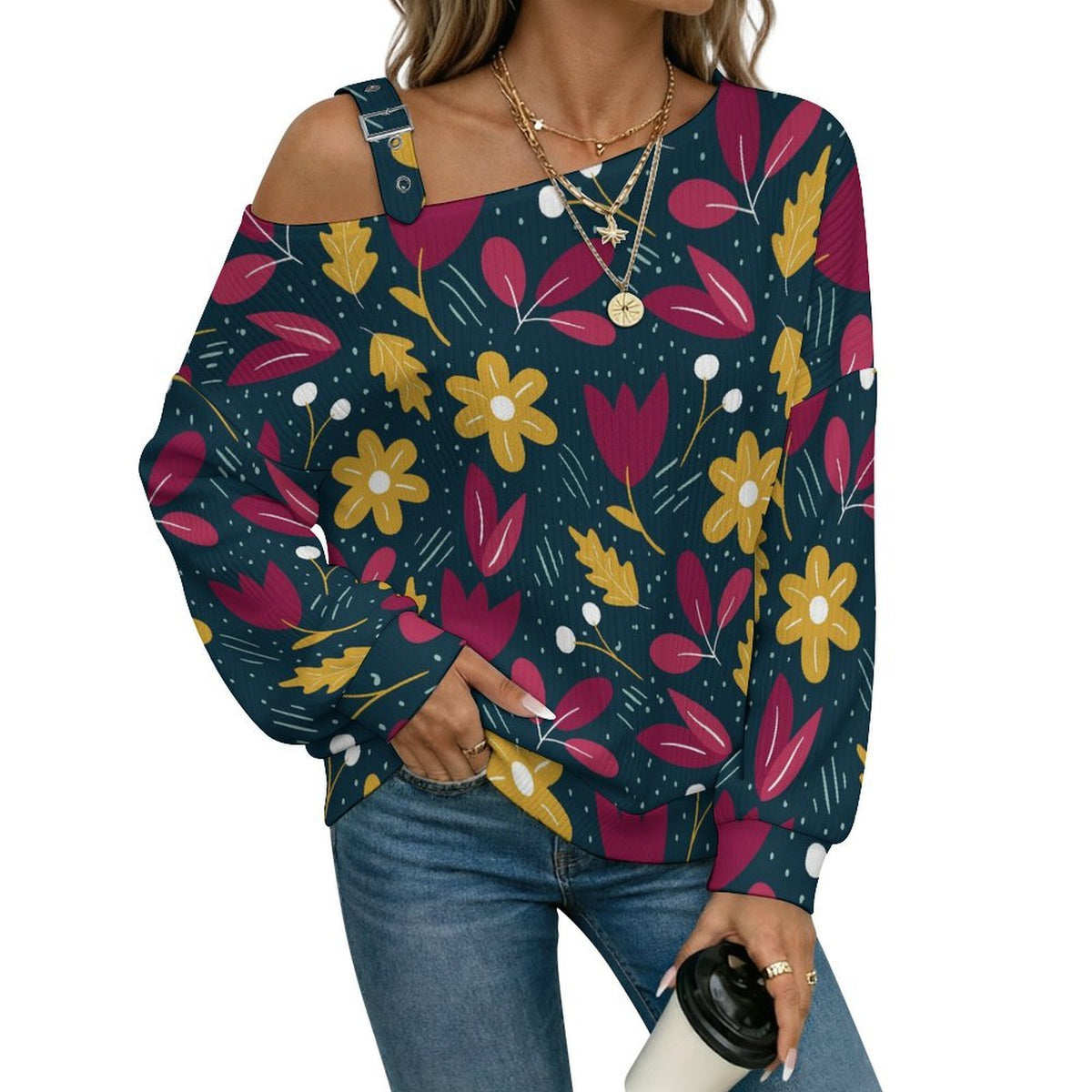 Fall Casual Asymmetric Shoulder Knit Top with Buckle Detail Green Background, Red And Yellow Flowers