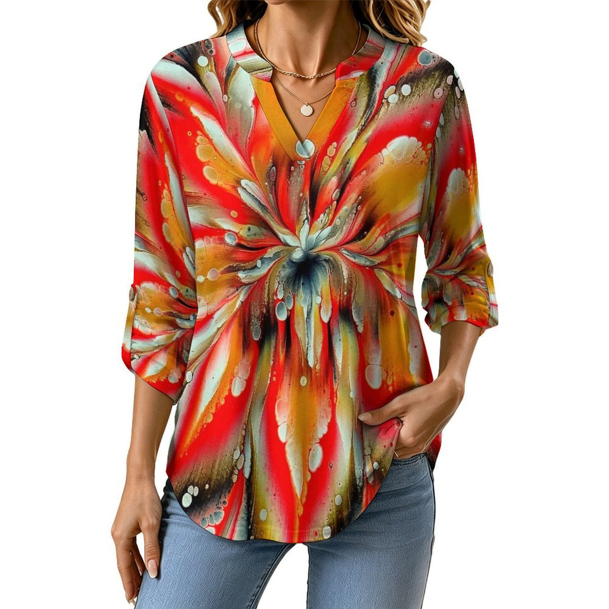 Pattern  Women Curved Hem V Neck Roll Sleeve Casual Work Top