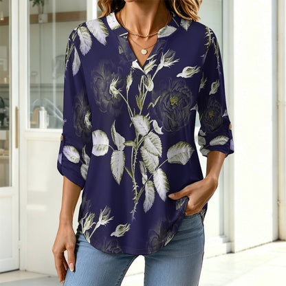 Purple, Flowers, Patterns  Women Curved Hem V Neck Roll Sleeve Casual Work Top