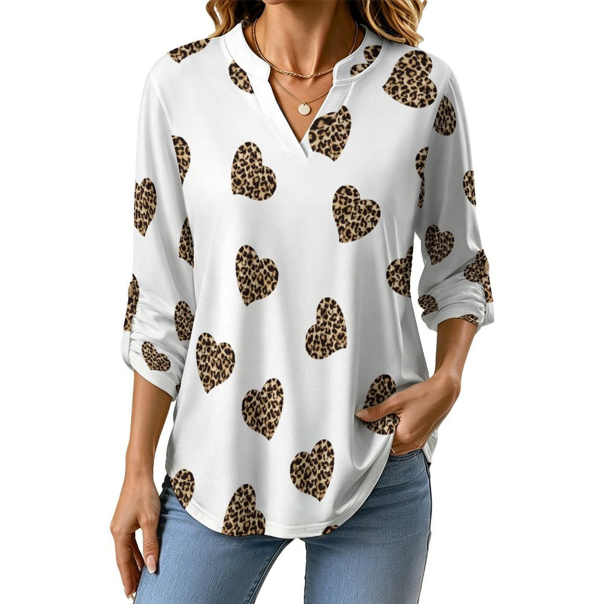 Stand-up Collar Long-sleeved Shirt Peach Heart Leopard Grain  Customization Women’s V-Neck Blouses,long Sleeve,Roll-Up Sleeve Shirt