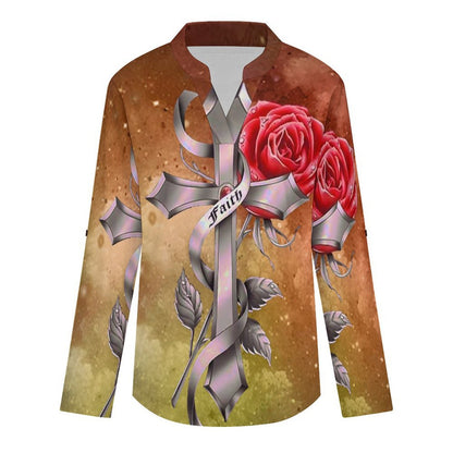 Stand-up Collar Long-sleeved Shirt Cross Rose Faith  Customization Women’s V-Neck Blouses,long Sleeve,Roll-Up Sleeve Shirt