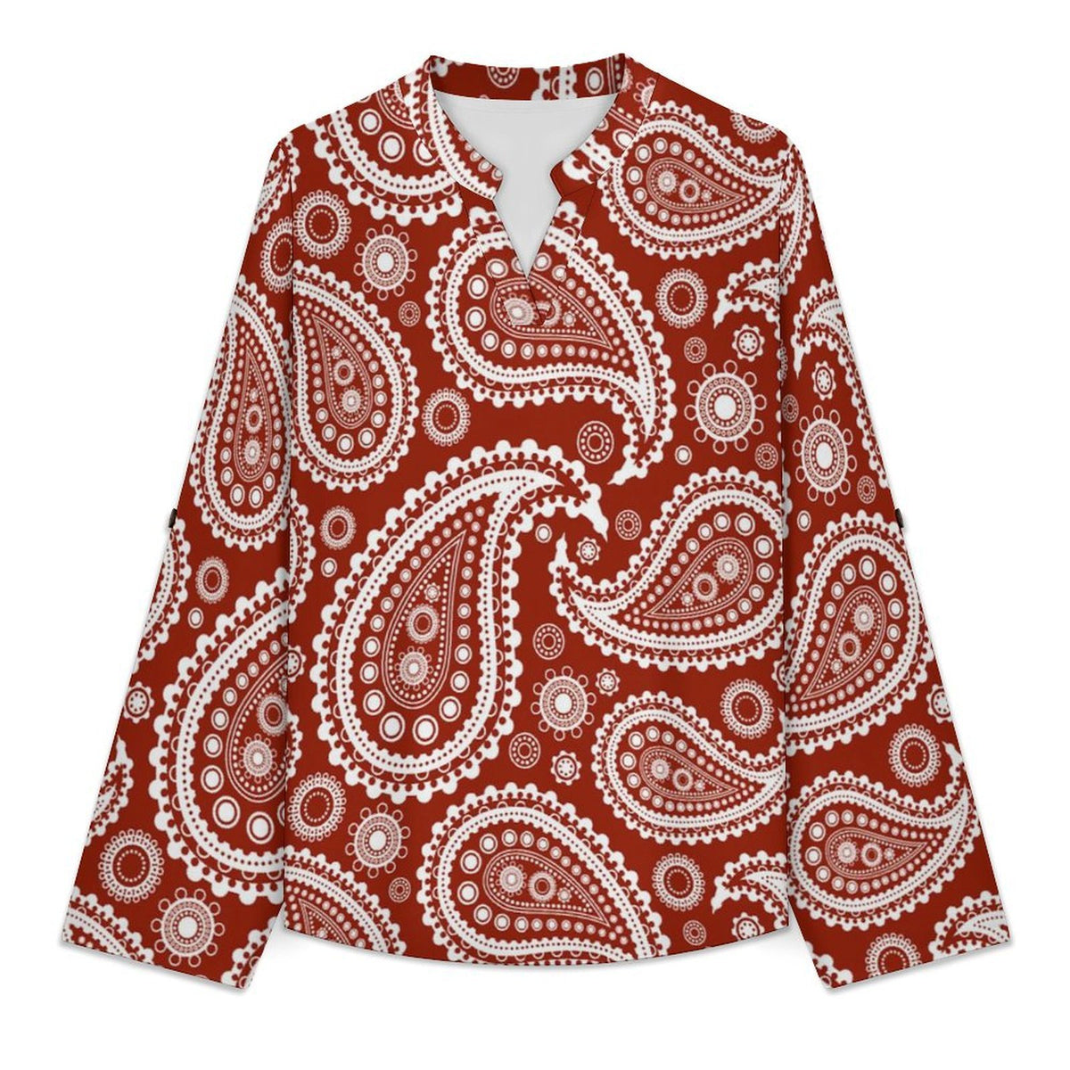 Stand-up Collar Long-sleeved Shirt Paisley  Customization Women’s V-Neck Blouses,long Sleeve,Roll-Up Sleeve Shirt