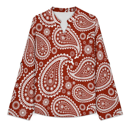 Stand-up Collar Long-sleeved Shirt Paisley  Customization Women’s V-Neck Blouses,long Sleeve,Roll-Up Sleeve Shirt